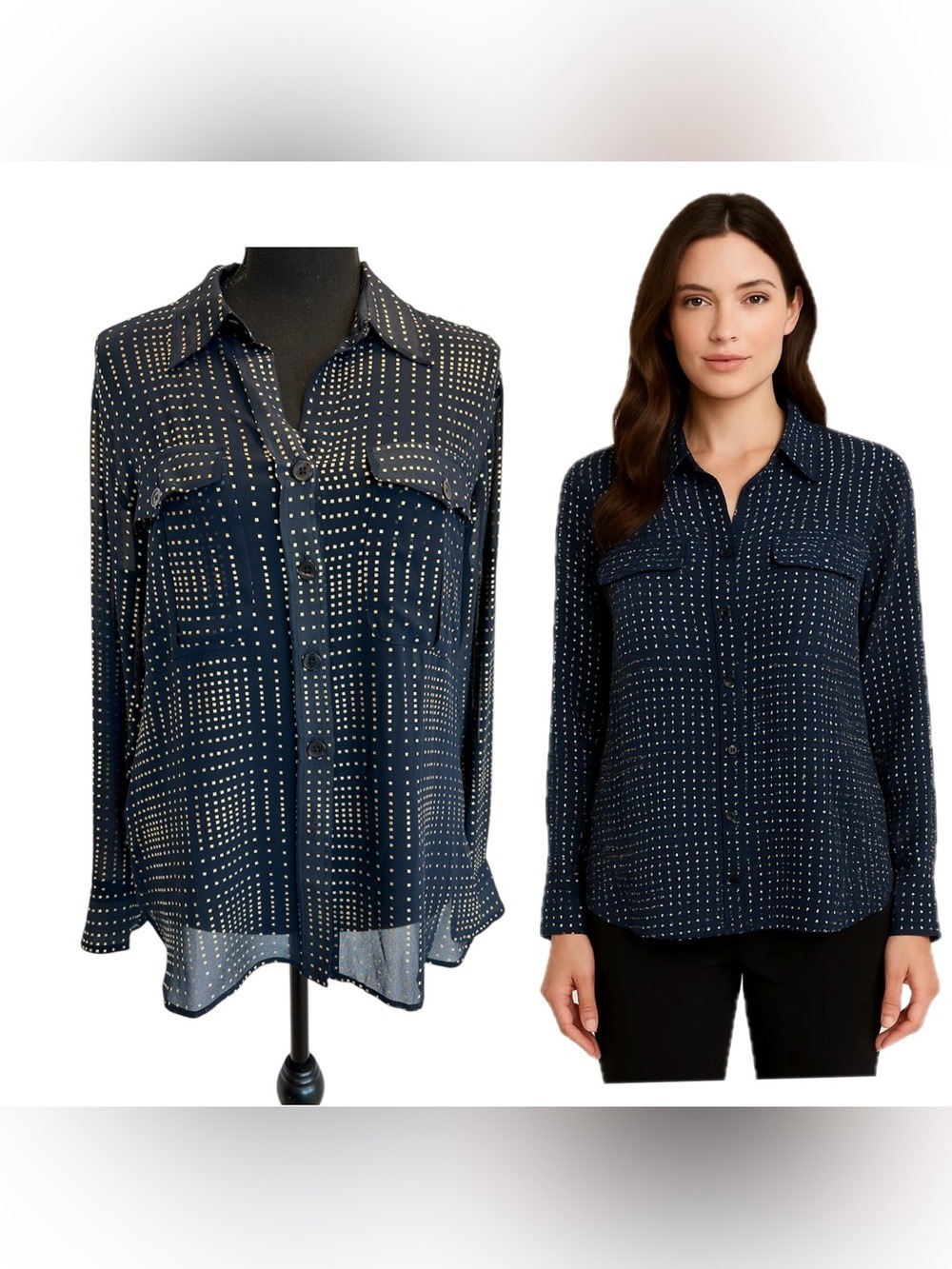 Ellen Tracy navy blue blouse gold graphic square print chest pockets sheer Sz S